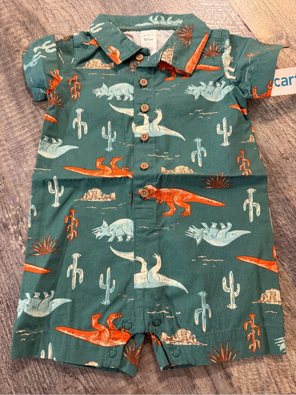 NWT Carter’s Dinosaur Button Front Romper Green Desert Dino One Piece Size 12M